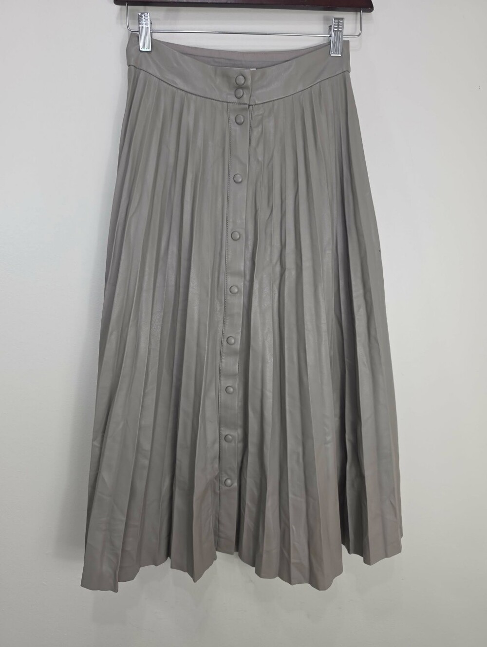 stradivarius Faux Leather Taupe Pleated Button-Front A-Line Midi Skirt